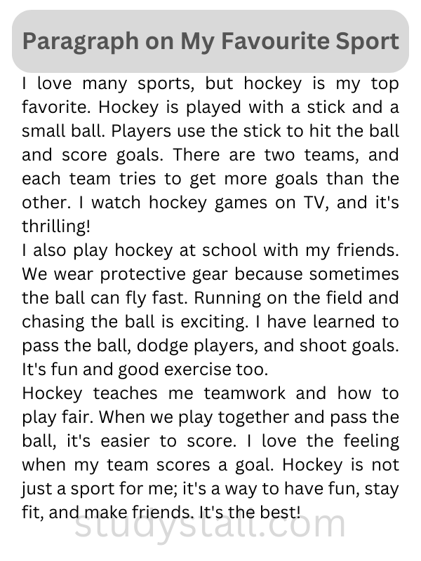 My Favourite Sport Essay (Hockey - 150 Words):