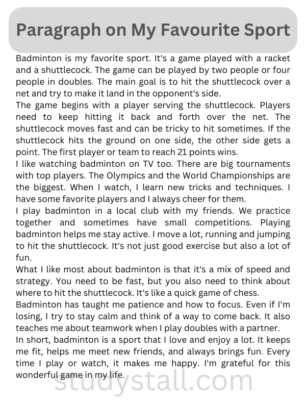 My Favourite Sport Essay (Badminton - 300 Words):