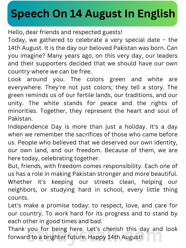 Speech on 14th August Pakistan's Independence Day 250 Words